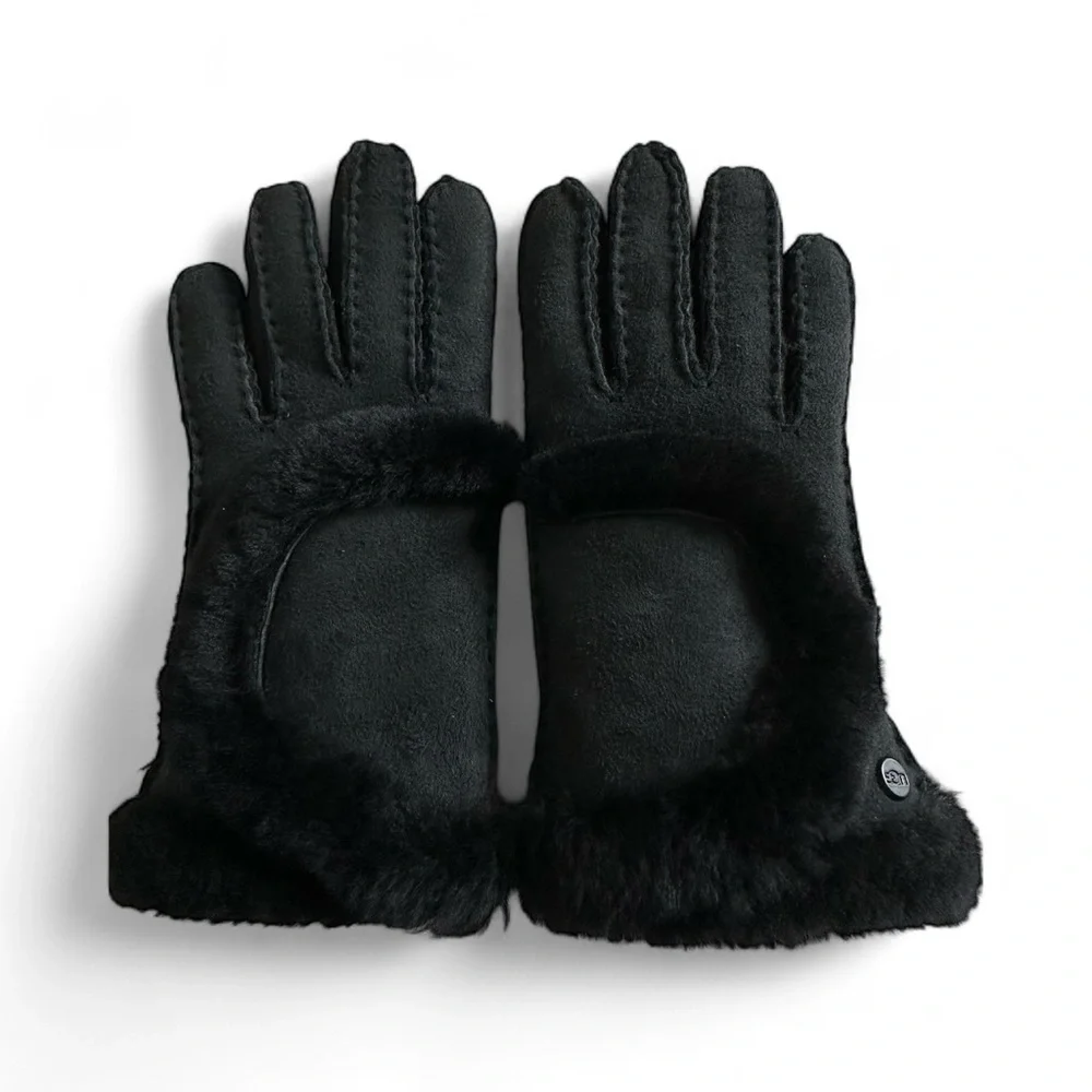 UGG Exposed Shearling Sheepskin Leather Seamed Tech Women’s Gloves Small New!